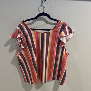 SHEIN Pink and Blue Flutter Sleeve Crop Blouse